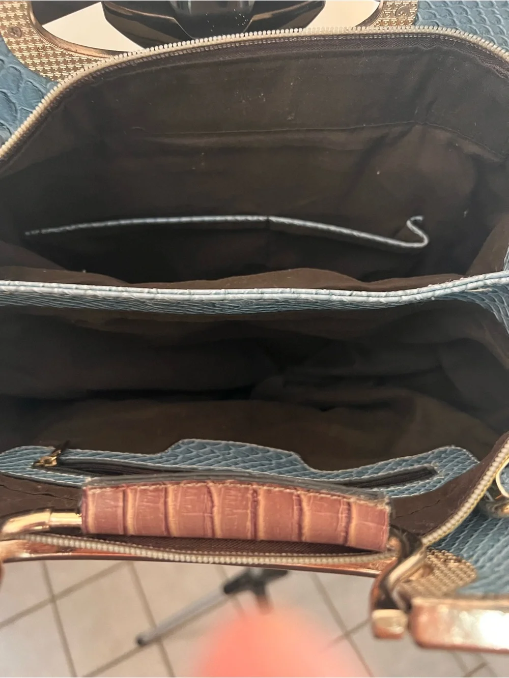 Colorblock Faux-Textured Top-Handle Bag in Blue and Beige